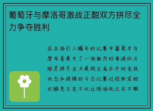 葡萄牙与摩洛哥激战正酣双方拼尽全力争夺胜利